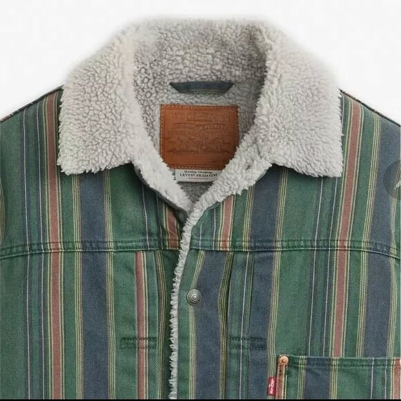 Levi's Premium Type 1 Sherpa Trucker Jacket Matlock Stripe Python Green NWT - Picture 2 of 16
